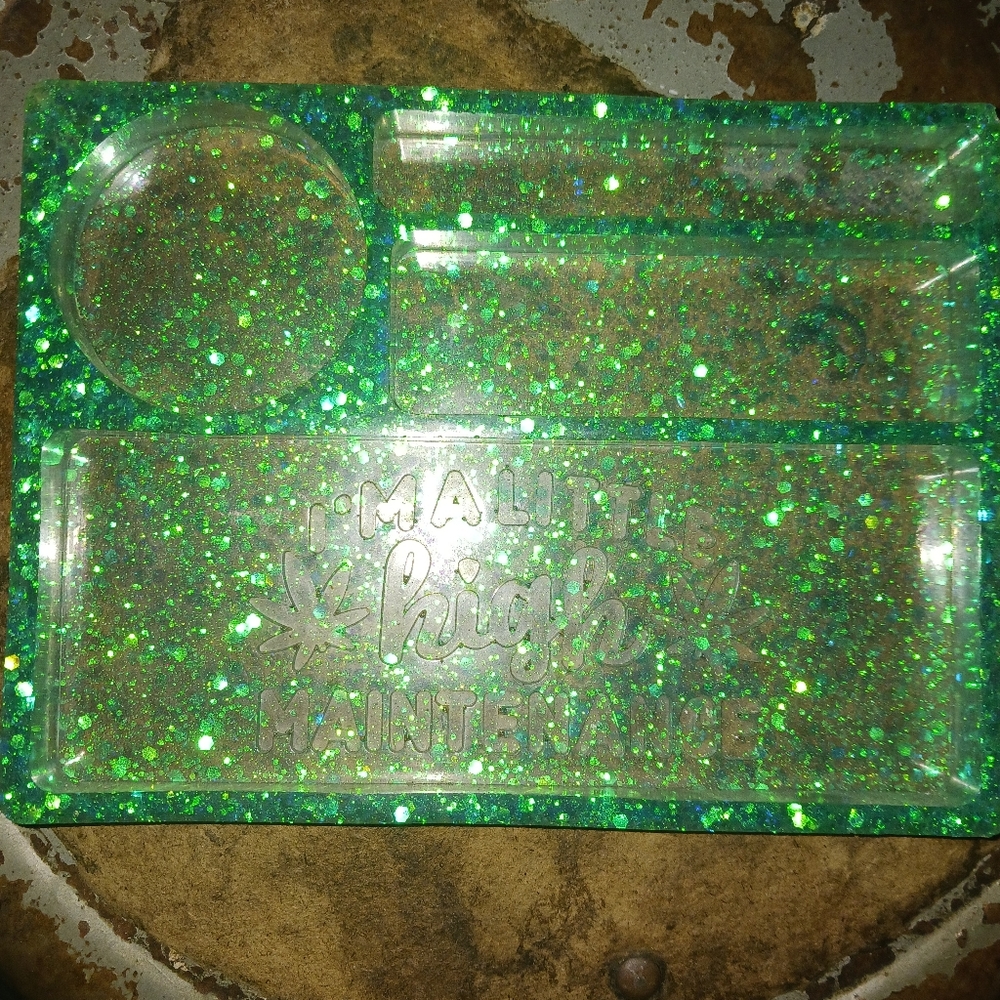 HM Smokers Tray Green Sparkly w/ Organization Slot A LITTLE HIGH MAINTENANCE